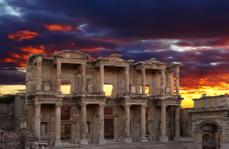 Ephesus at Night: Illuminated ruins, magical ancient ambiance.