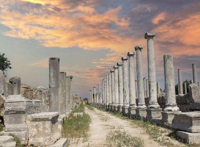 Side in Antalya features ancient ruins set against the Mediterranean coast