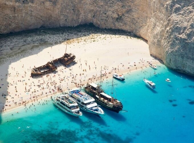 Aerial view of Zakynthos island showcasing beaches and turquoise waters