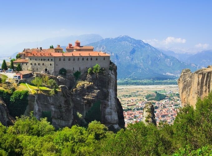 Aerial view of Meteora showcasing dramatic cliffs and stunning monasteries