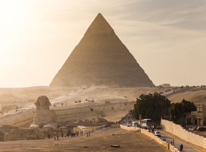 The Great Pyramid of Giza illuminated under bright Mediterranean skies