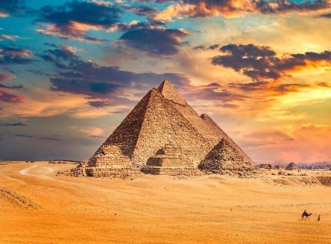 Aerial perspective of Giza Plateau showcasing majestic pyramids amidst desert