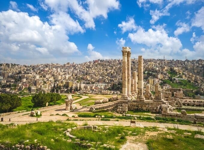 Historic Jordanian flagpole towering above Amman's Raghadan Flag Square