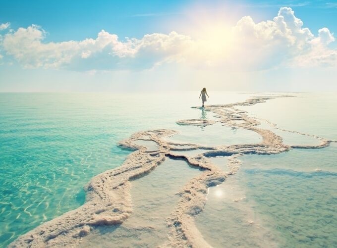 Dead Sea shoreline with sparkling mineral-rich turquoise waters