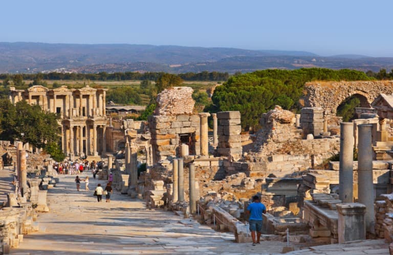Visitors explore the Library of Celsus, the iconic landmark of the ancient city of Ephesus and one of Turkey's most famous historical attractions.